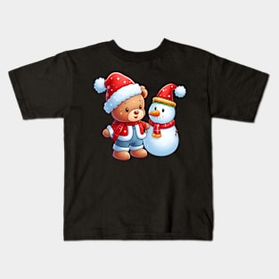 Cute Christmas Bear and his Snowman Kawaii Kids T-Shirt